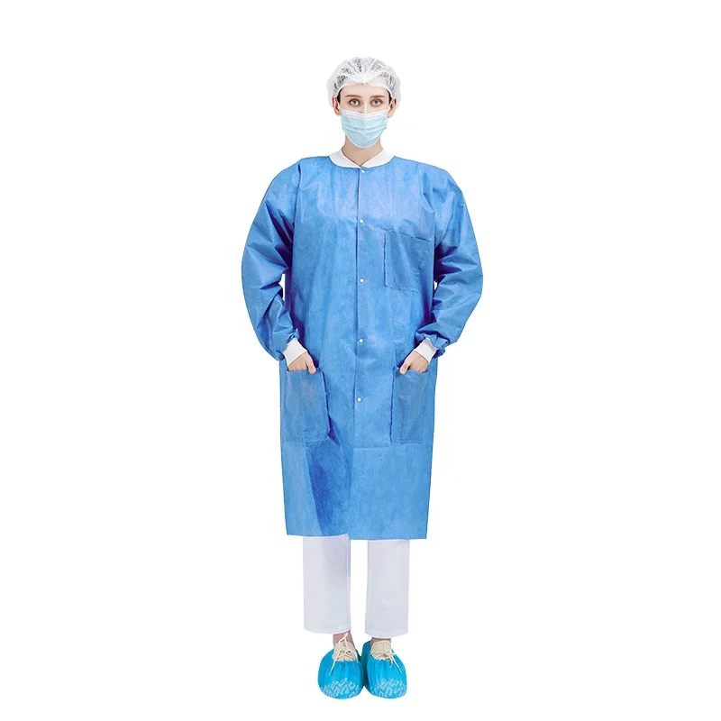 Blue SMS Disposable Lab Coat with Knitted Cuff and Collar