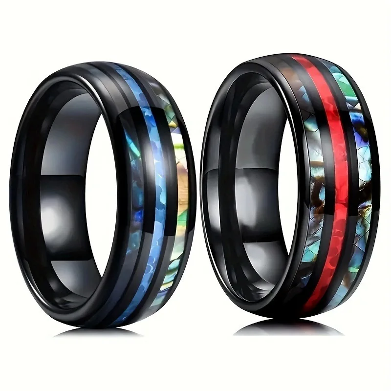 Fashion 8MM Stainless Steel Ring with Blue Vintage Opal Stone Double Abalone Shell Inlay for Women Engagement Wedding Bands