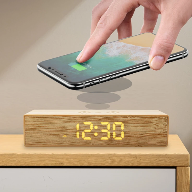 Бамбуковый Arlarm светодиодный Многофункциональный с быстрой зарядкой 15 Вт цифровой будильник беспроводным зарядным устройством