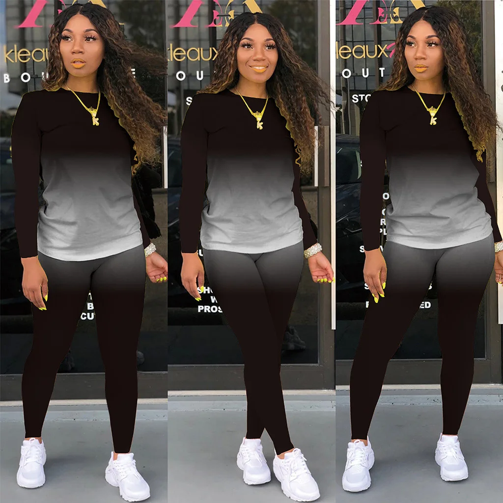 Женские брюки и штаны с длинным рукавом комплект из 2 частей для женщин круглый рубашка короткий костюм для бега, пижамный комплект