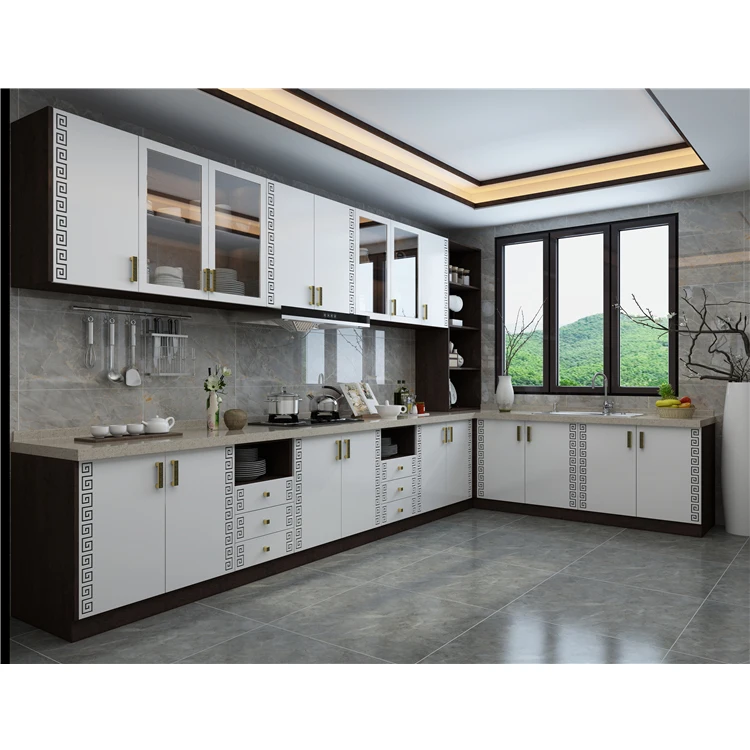 Foshan modern gold door handle cupboard white shaker kitchen cabinet wood/lacquer/pvc ambry