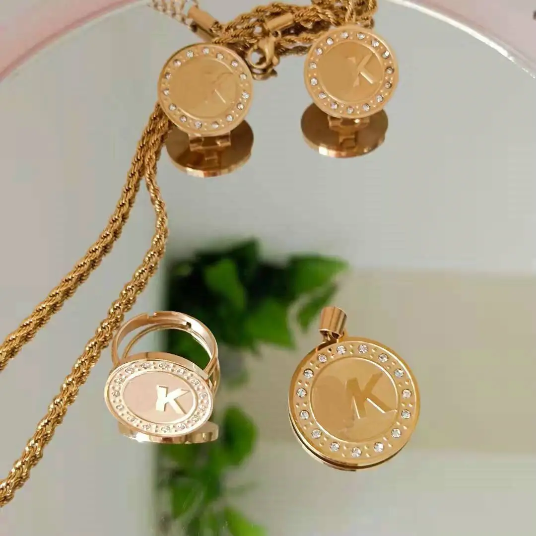 Stainless Steel Carved Vacuum Plated Brand Diamond Sets Including Necklaces, Rings, Earrings And Bracelets