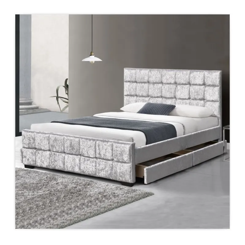 Factory Modern Storage Upholstered Crushed Velvet Fabric  double size  Bed with 4 drawers