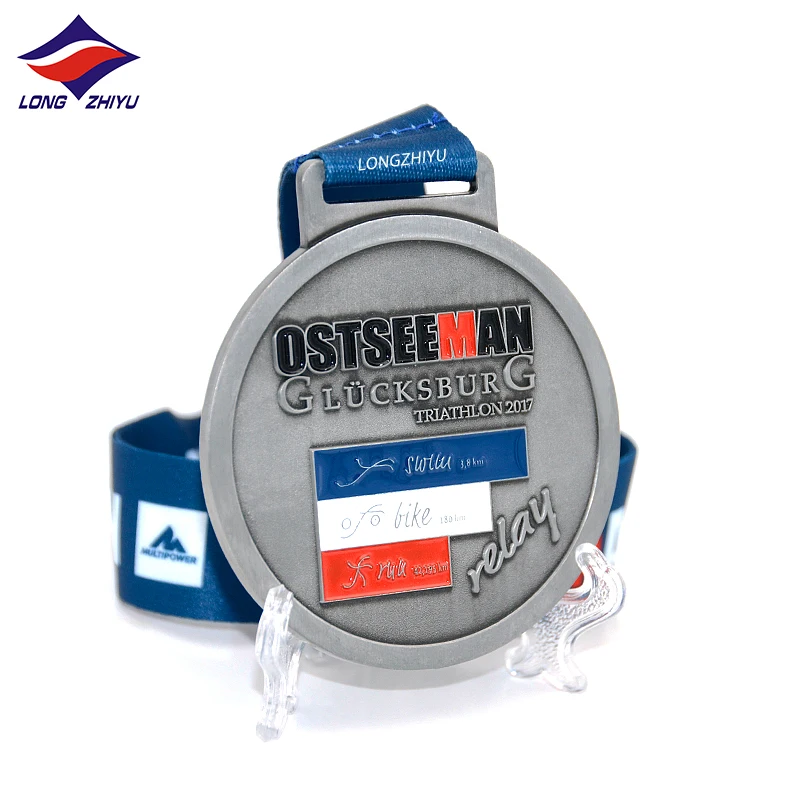 Longzhiyu 15 years maker sports marathon special antique silver and soft enamel cut-out with building  medals