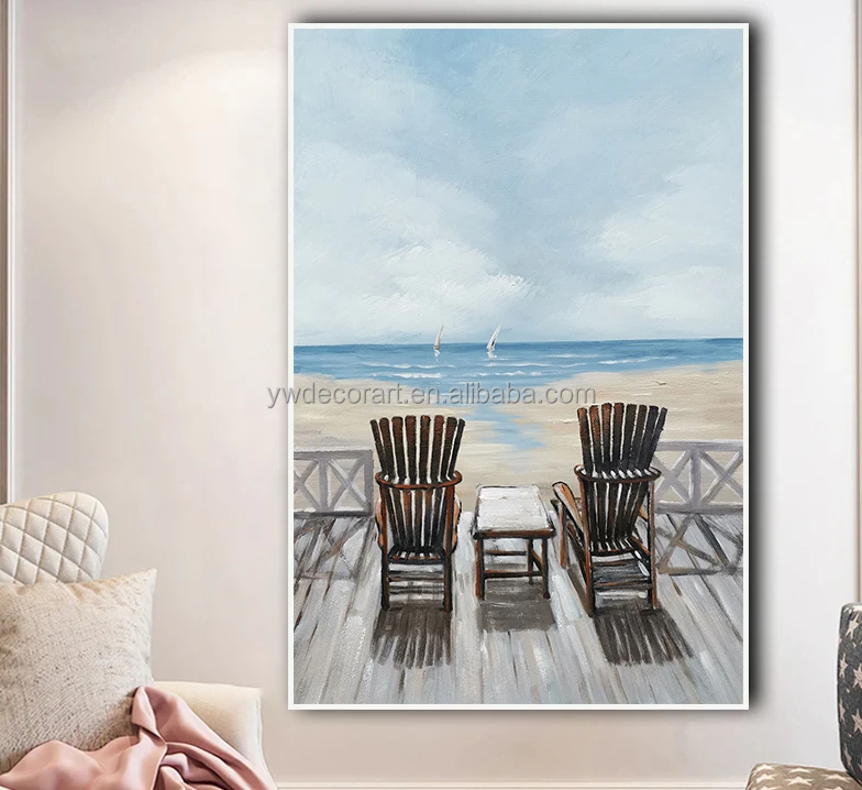 Coastal Canvas Wall Art Beach Chair Art Handmade Oil Painting Seascape Painting For Bathroom Home Wall Decor
