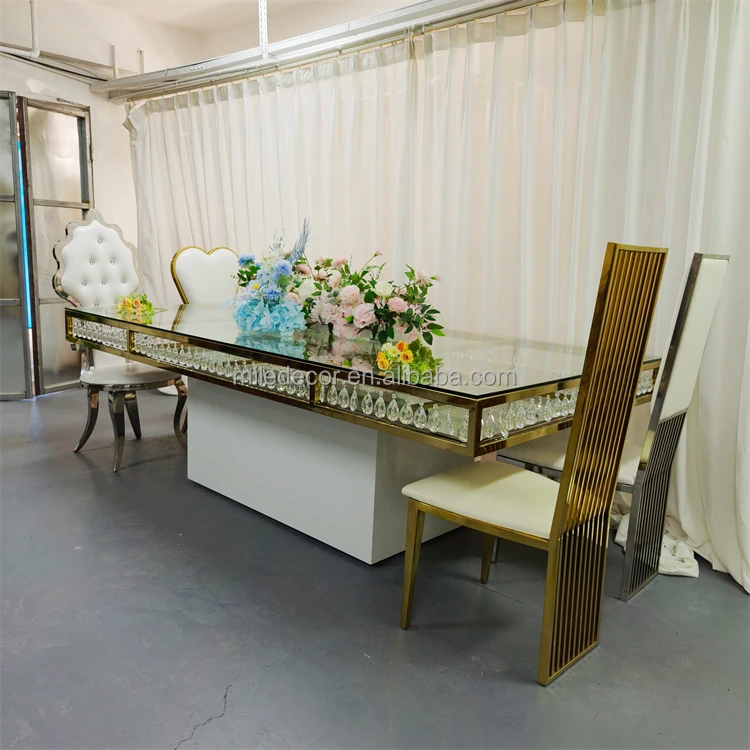 Factory Price 8 Seat Round Table For Wedding Table Gold Stainless Steel Legs White Top Table For Events