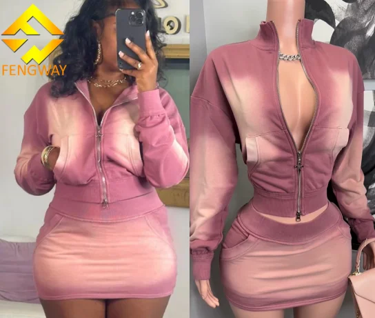 2024 Fall winter Women Washed Zipper Hooded Waist 2 piece Skirt Sets Sweatshirt sexy Fashion hooded slim fit 2 piece set