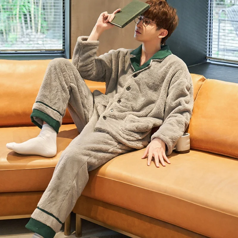 Winter Men Casual Thick Warm Flannel Long Robe Sleepwear Plus Size Loose Nightgown Male Solid Nightwear Homewear Pajama Sets