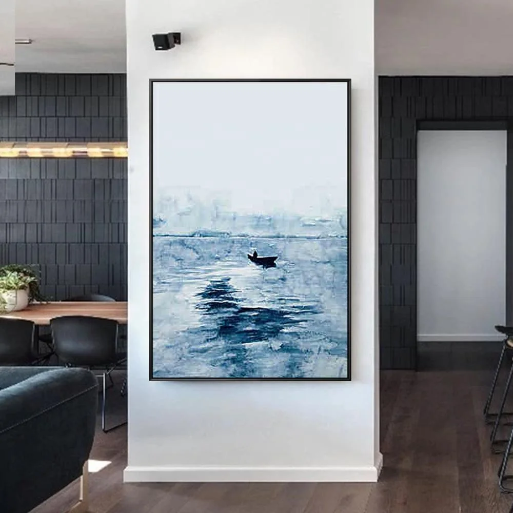 
Abstract blue seascape art canvas painting acrylic paintings on canvas boat ship wall pictures wall art home decor large paint 