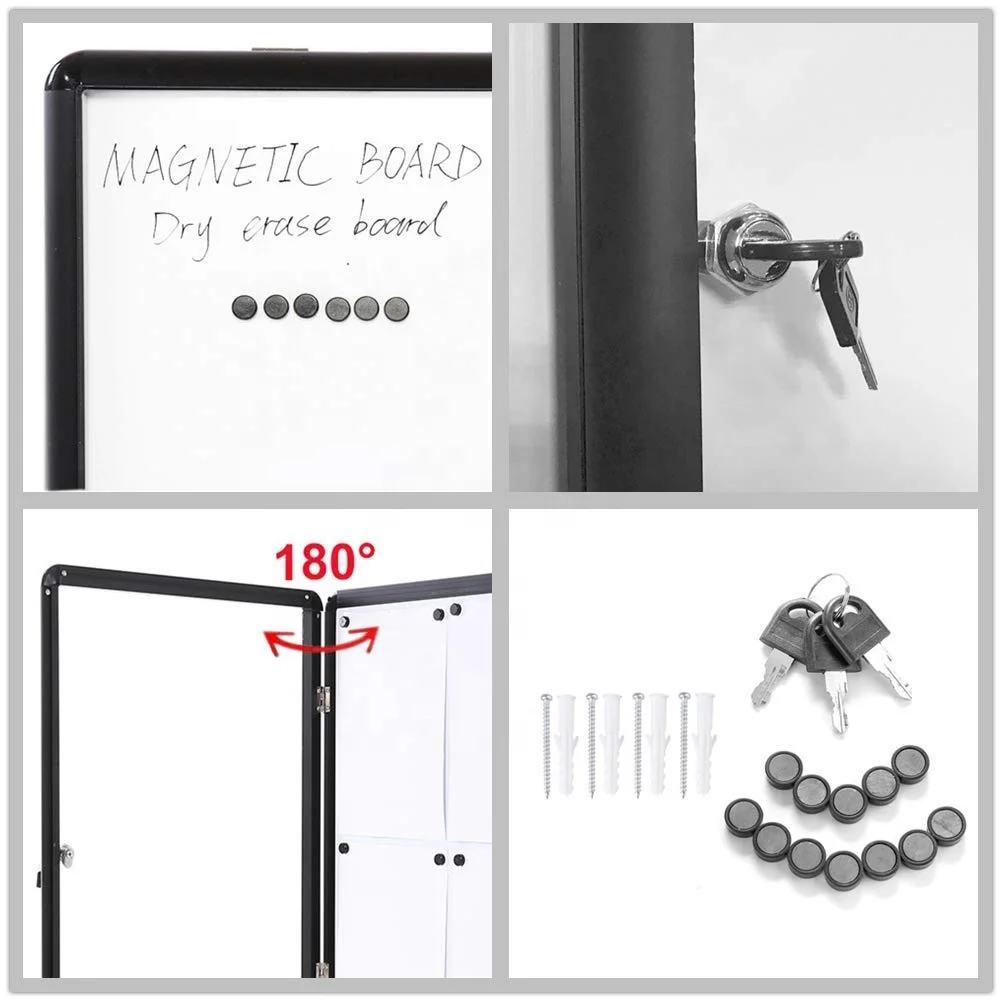 
School enclosed magnetic whiteboard message notice board showcase black aluminium frame wall mount lockable bulletin board 