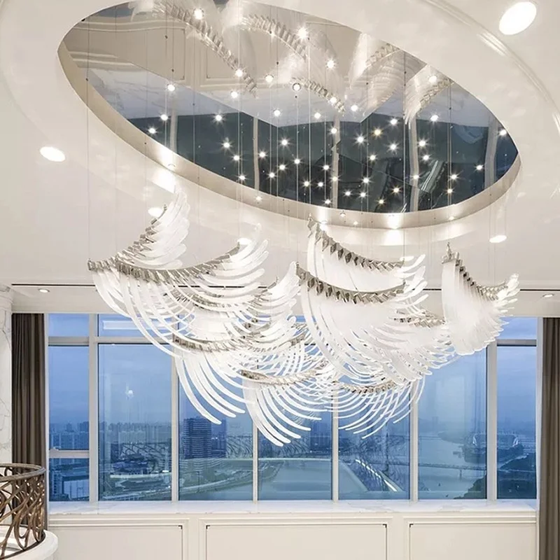 HITECDAD Angel Wings Luxury Hotel Chandelier Duplex Villa Concert Hall Acrylic Feather Non-standard Custom-made Chandelier
