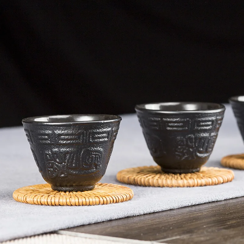 60/120ml Mini Vintage Home Outdoor Japanese Kung Fu Cast Iron Tea Cup and Saucer Set Teacup/Black Hobnai