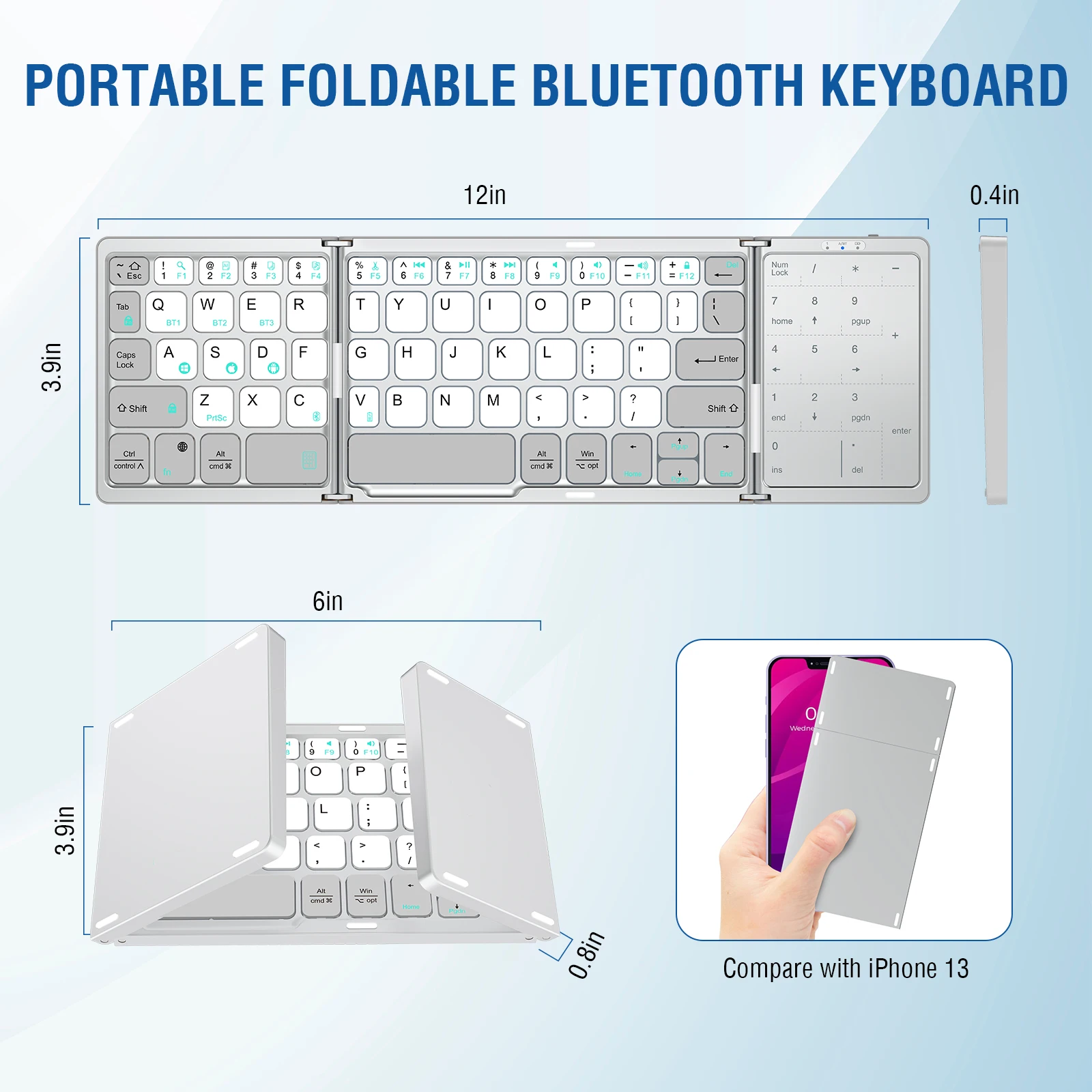 Foldable  Keyboard, Rechargeable Portable Wireless Keyboard with Touch pad & Number Pad for Android, Windows, iOS