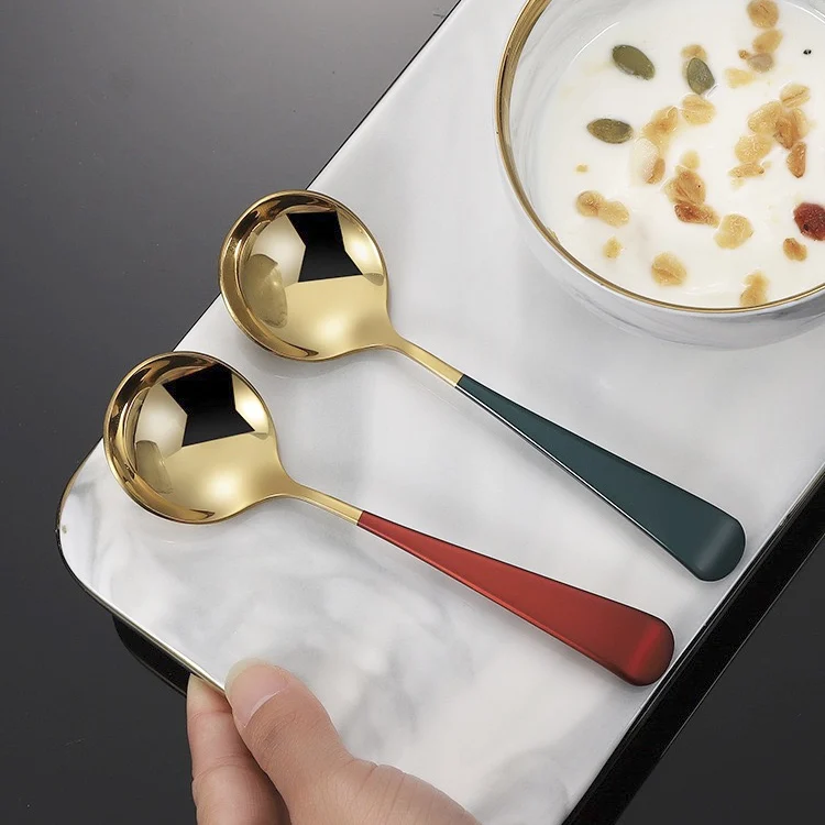 Wholesale Mirror Polish Colorful Handle Round Spoon Kid Steel Spoon Titanium Coffee Cupping Spoon