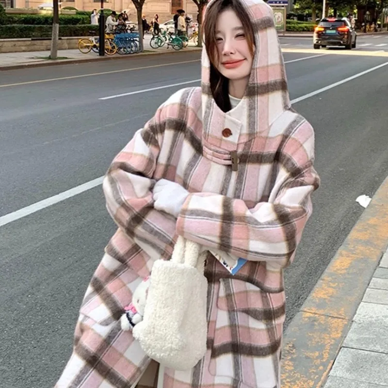 Droma Korean style casual pink plaid hooded double-sided women long wool coat winter trench coat for ladies