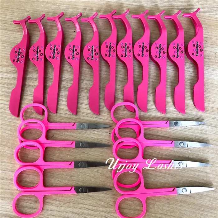 Pink color lash tweezers and scissors wholesale price for 25mm fluffy mink lashes bulk