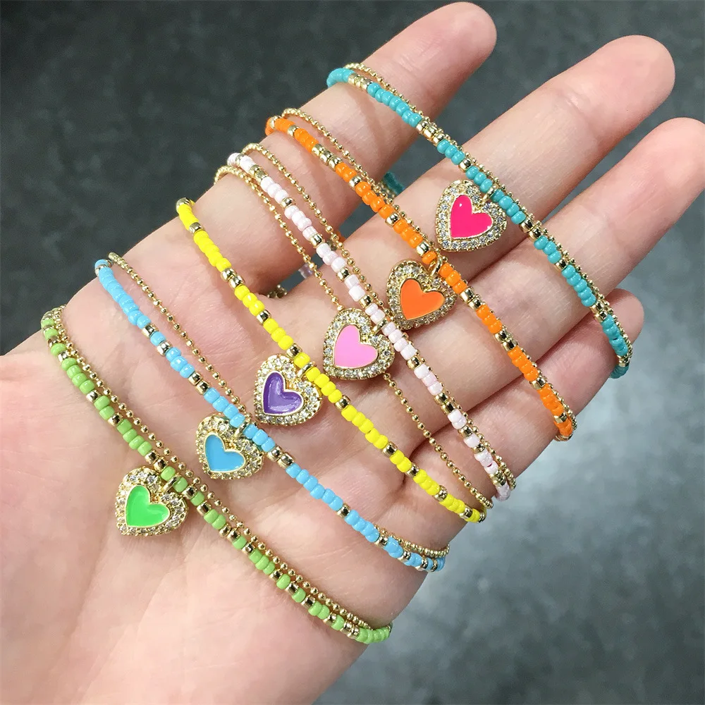 Fashion Cute CZ Micro Paved Double Layers Miyuki Rice Bead Chain Bracelet Glass Beads Rainbow Enamel Love Heart Charm Bracelet