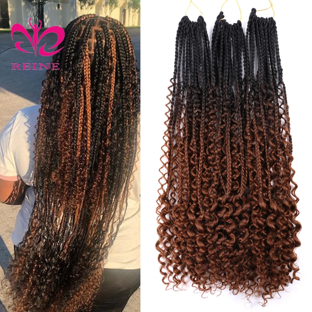 REINE New Styles Bohemian  Box Braids With Curls End Black Ombre Brown Synthetic Crochet Hair