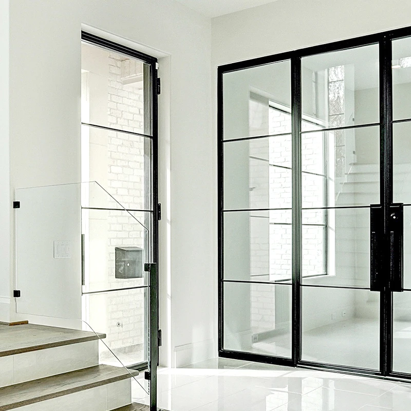 Steel Slim Frame Glass Door 65 mm Double Glass with Strip Custom French Steel Glass Door