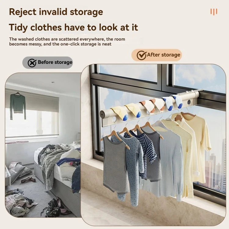 Wall-Mounted Telescoping  Metal Folding Clothes Dryer Rack with Buckle Collapsible and outside Window Space-Saving