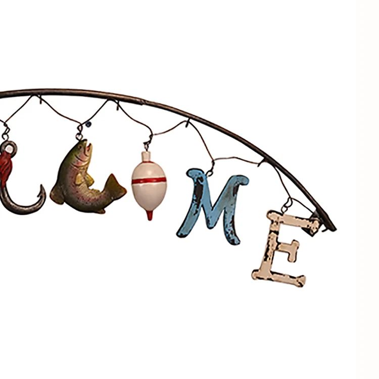 Welcome Card For Iron Fishing Rod Metal Home Decoration 3D Welcome Card Sign For Front Door