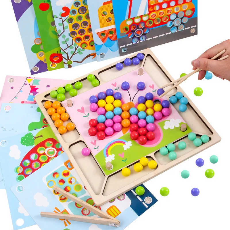 Wanhua Wooden Educational Montessori Ball Puzzle Toy Clip Bead Game Toddler Preschool Chopsticks Stacking Learning Toy For Kids