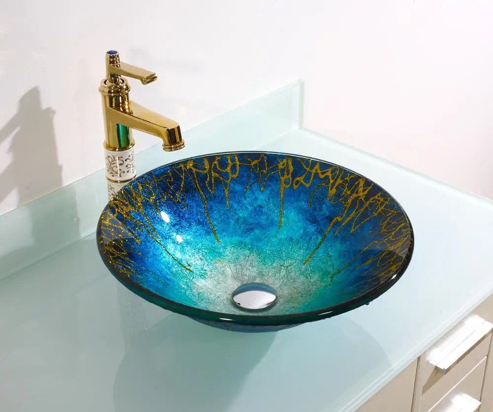 New Modern Design Black Gold Tree Art Series Glass Vanity Wash Basin