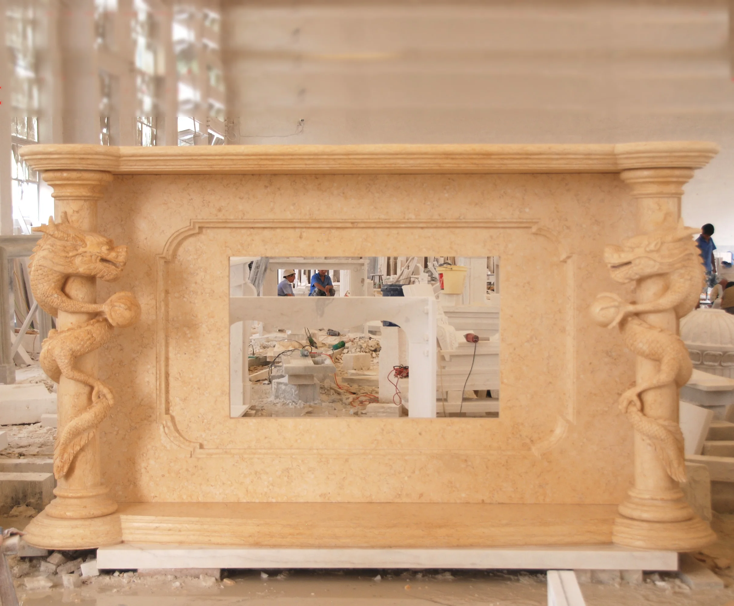 Hand Carved Customized Natural Stone  Marble Fireplace With Dragon Statue