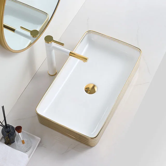 Emboss White Gold Basin Table Top Wash Basin Sink Bathroom Vessel Sink Gold Rim Lavabo Modernos Dorado