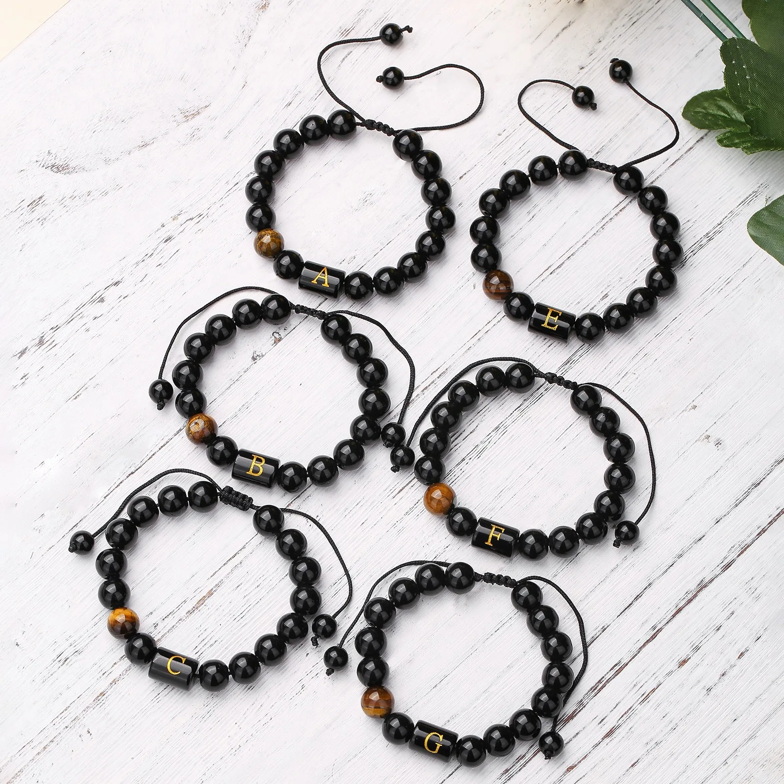 Custom Name A-Z letter Black Agate Man Bracelet Natural Crystal Healing Meditation Stacked Adjustable Friendship Bracelets Women