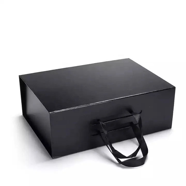 Luxury deep glossy lamination black foldable gift box packaging with magnetic lid