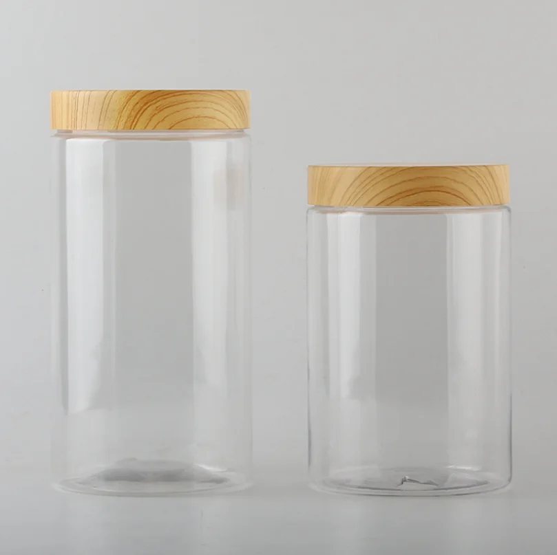 Food Grade Plastic Cosmetic Cream Wax Scrub Container PET Bamboo Jar 8oz with Wood Lid Water Transfer Bamboo Lid
