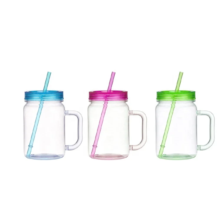 BPA Free round shape plastic Mason Jar With Tin Lid And Straw