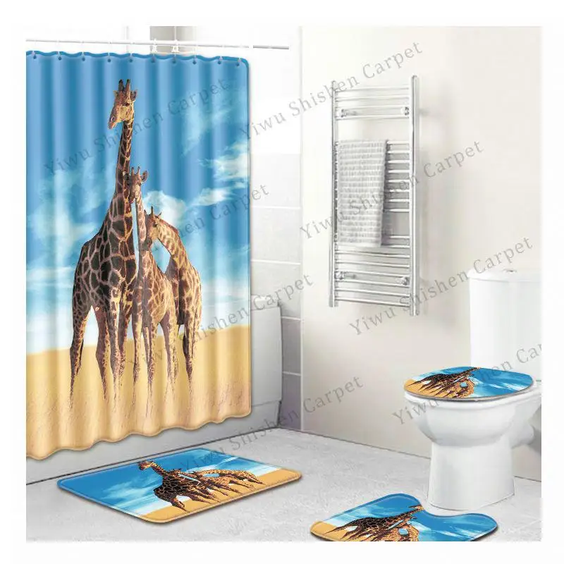 Amazon Hot Sell new supplier Xmas bathroom foot mats toilet set bathroom rug waterproof polyester cat dog shower curtain