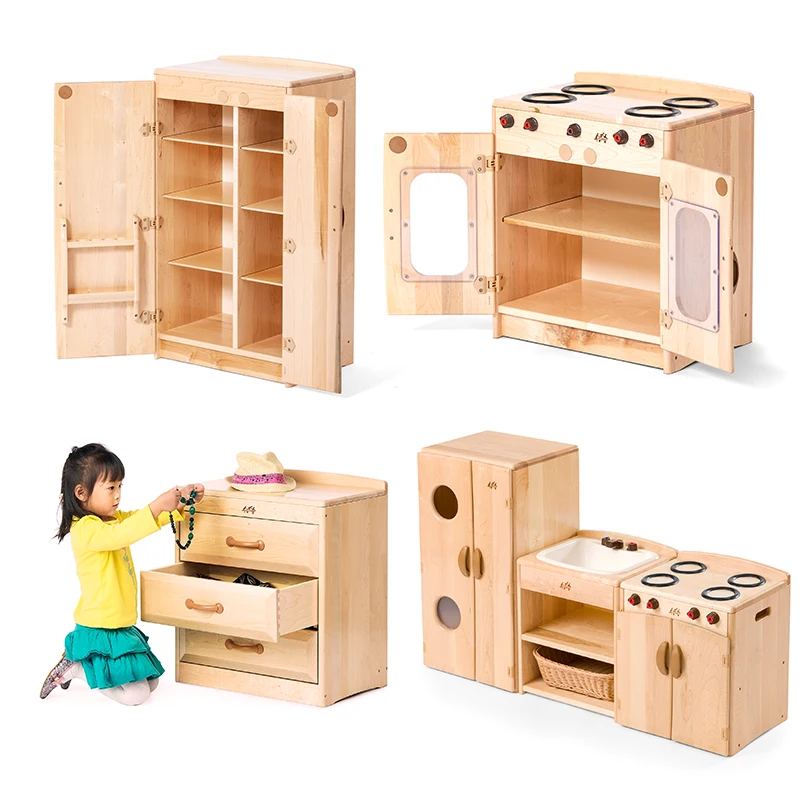 New Wood Kids Educational Toys For Kids Kitchen Sink Set Nordic Wooden Toy Refrigerator Oven Pretend Play Preschool Kitchen Toys