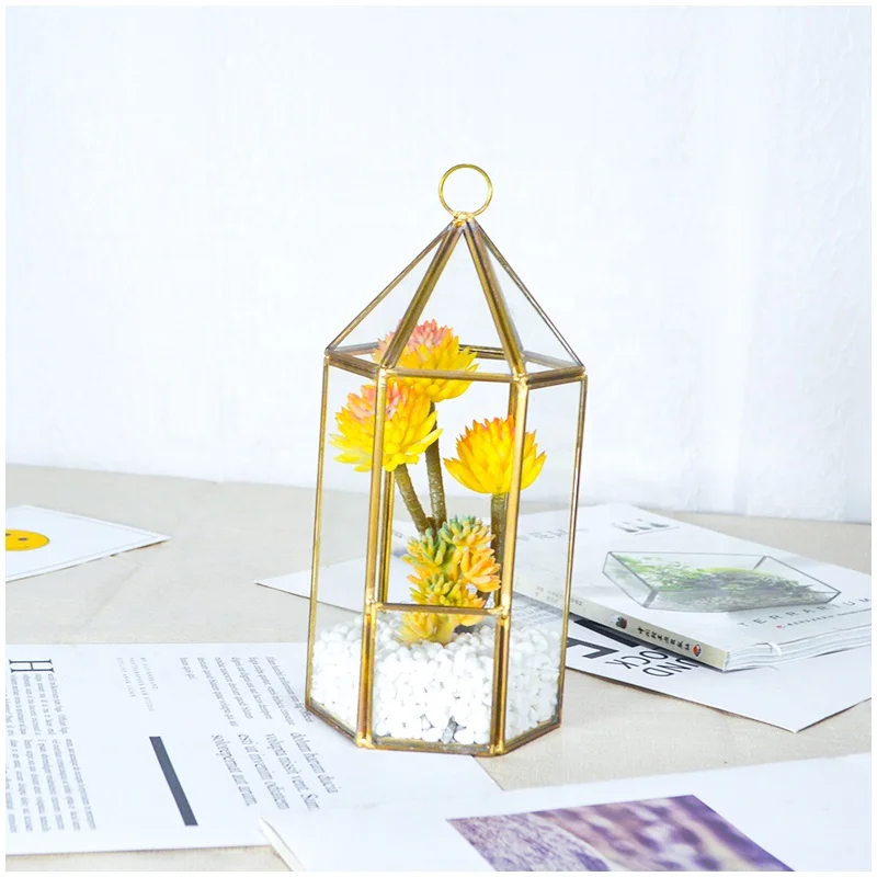 Gold Hexagon Geometric Flower House Glass Terrarium for Tabletop Succulent Plant  Pot