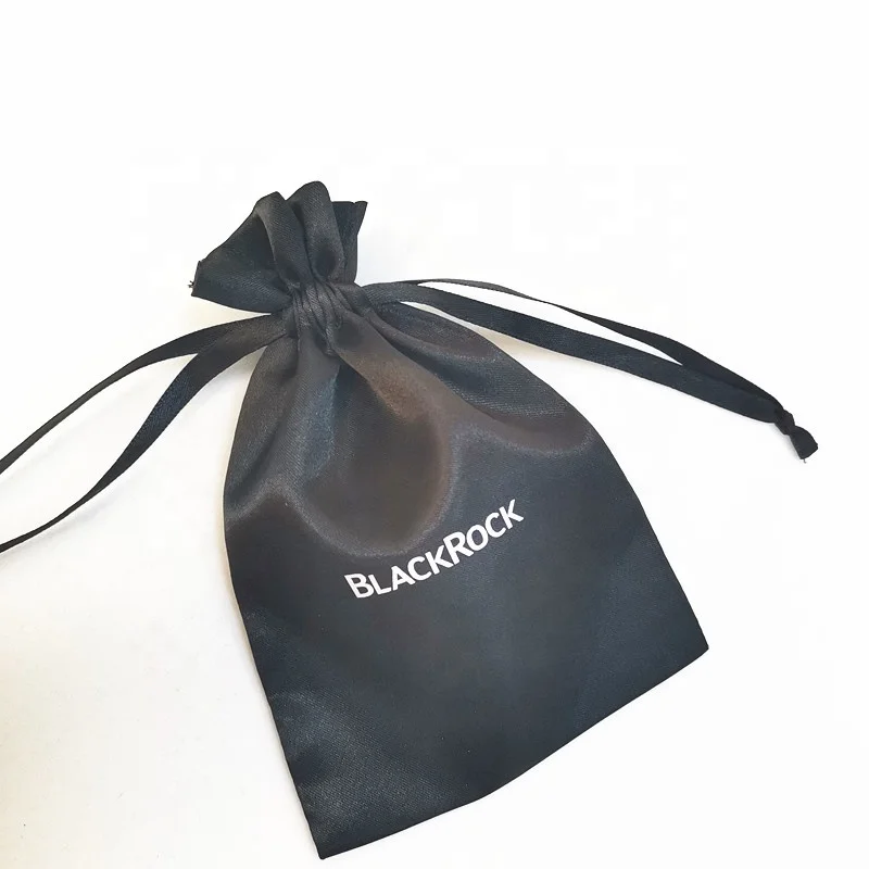 Promotional Custom Logo Black  Satin Drawstring Bag Jewelry Gems Pouch