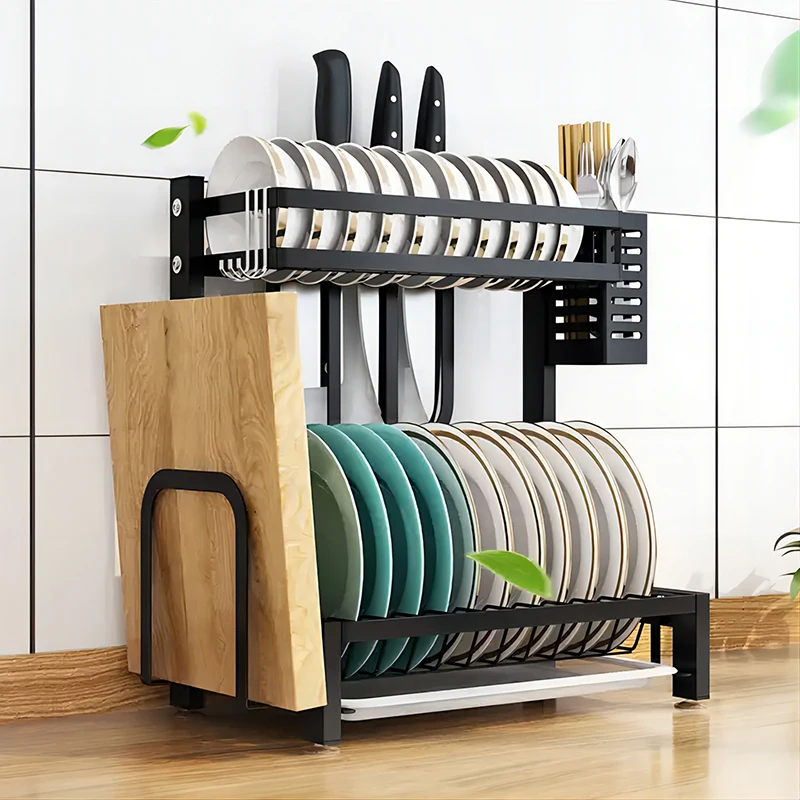 Double Layer Expandable Metal Wire Adjustable Custom Plate Bowl Dish Drying Rack Shelf Over Sink With Draining Board Tray