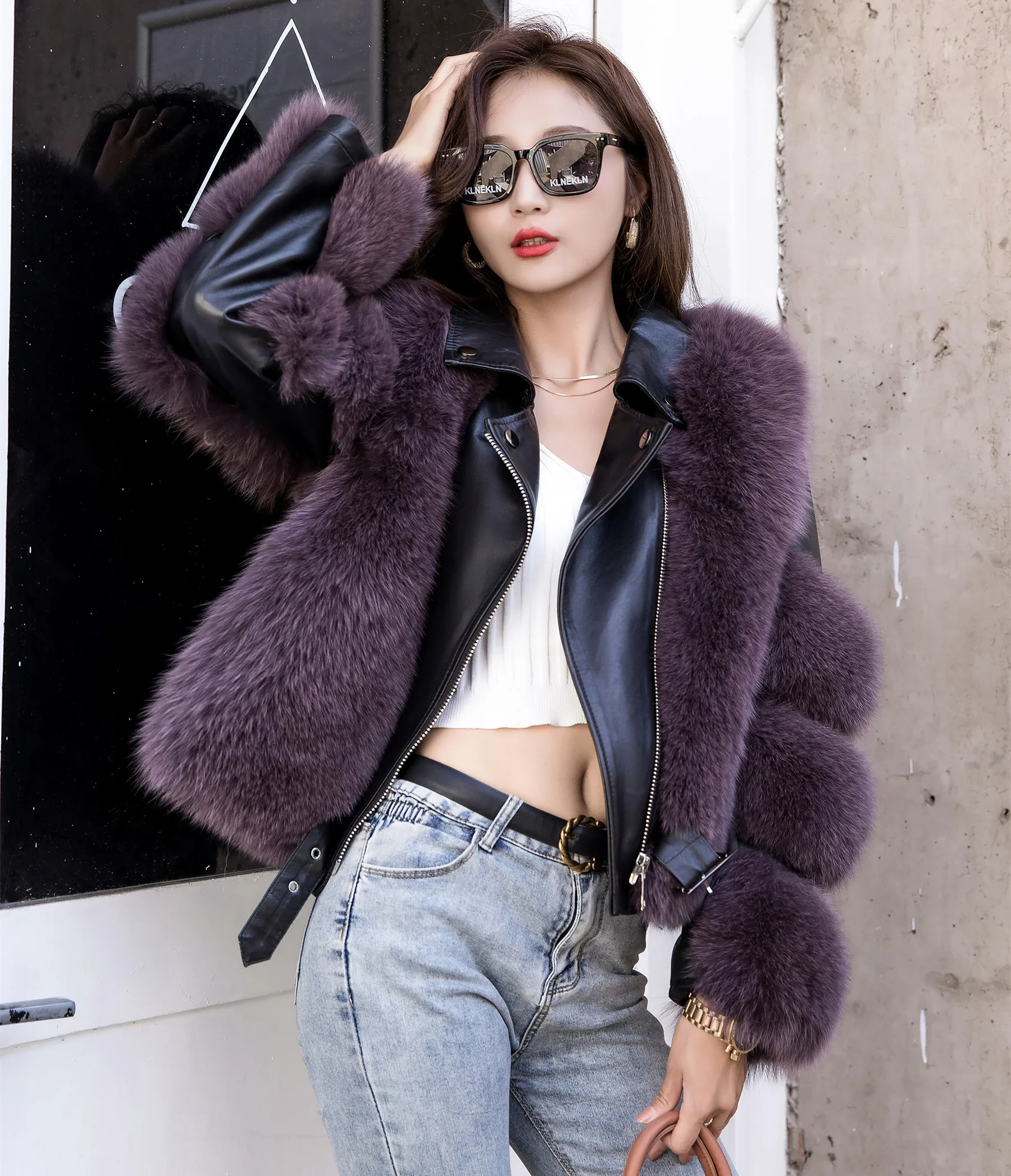 
2021 Fox coat lady Locomotive clothes Real sheepskin coat Fox hair + sheepskin Fur zipper diagonal collarTrendy street 