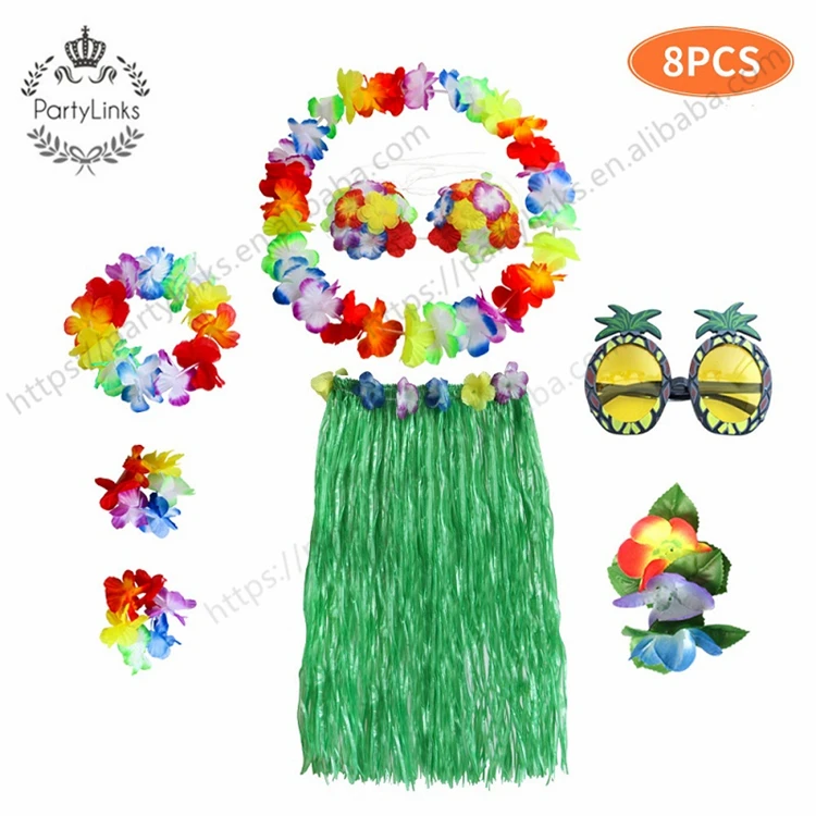 1set Plastic Fibers girls Woman Hawaiian Favors Grass Skirt Cheap costume Flower Hula Skirt 60cm dance dress Party Hawaii Beach