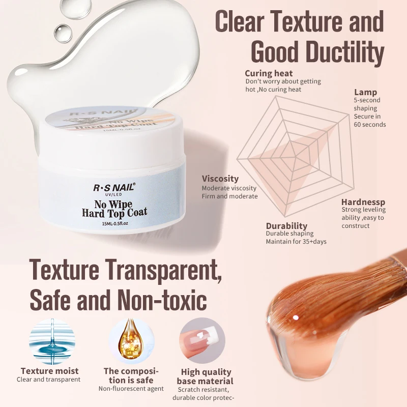 R S Nail Custom Logo 15ml  No Wipe Hard Top Coat Jar High Quality Long Lasting  Varnish Nail Uv Gel Top Coat Adhesive Nail Glue