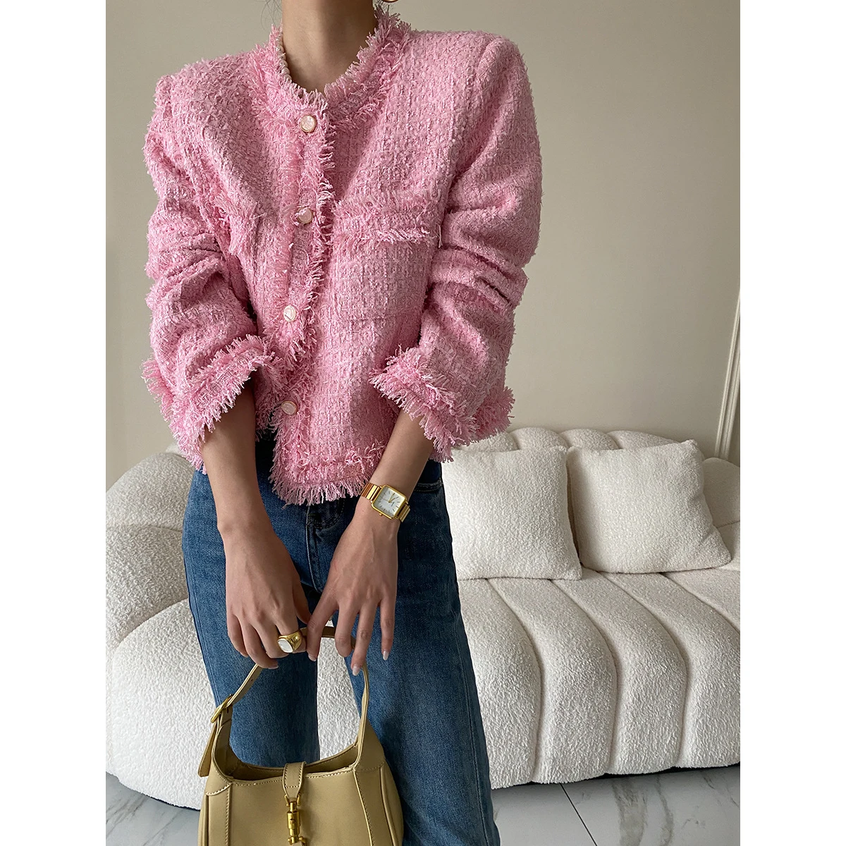 Wholesale women 2023 new fashion elegan pink tweed blazer jacket coat