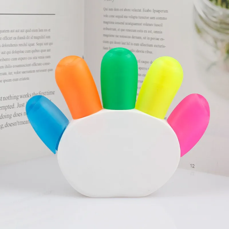 Novelty Fluorescent Marker Pen Customized Logo Fingers Shaped Highlighter Pen With 5 Colors