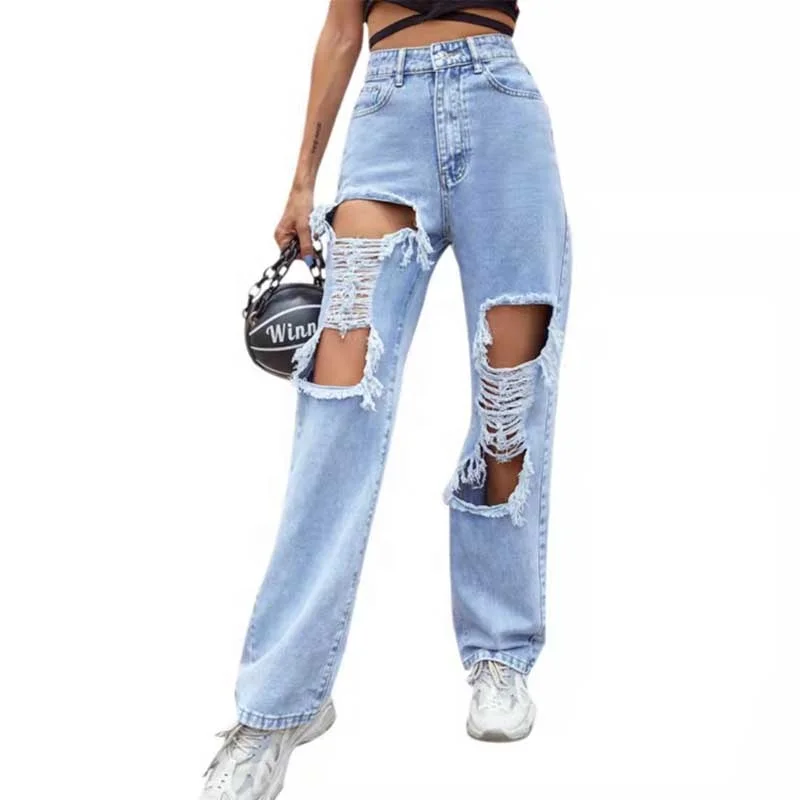 Hot Selling European American Trend Denim Trousers Hip-hop Ripped Women Jeans