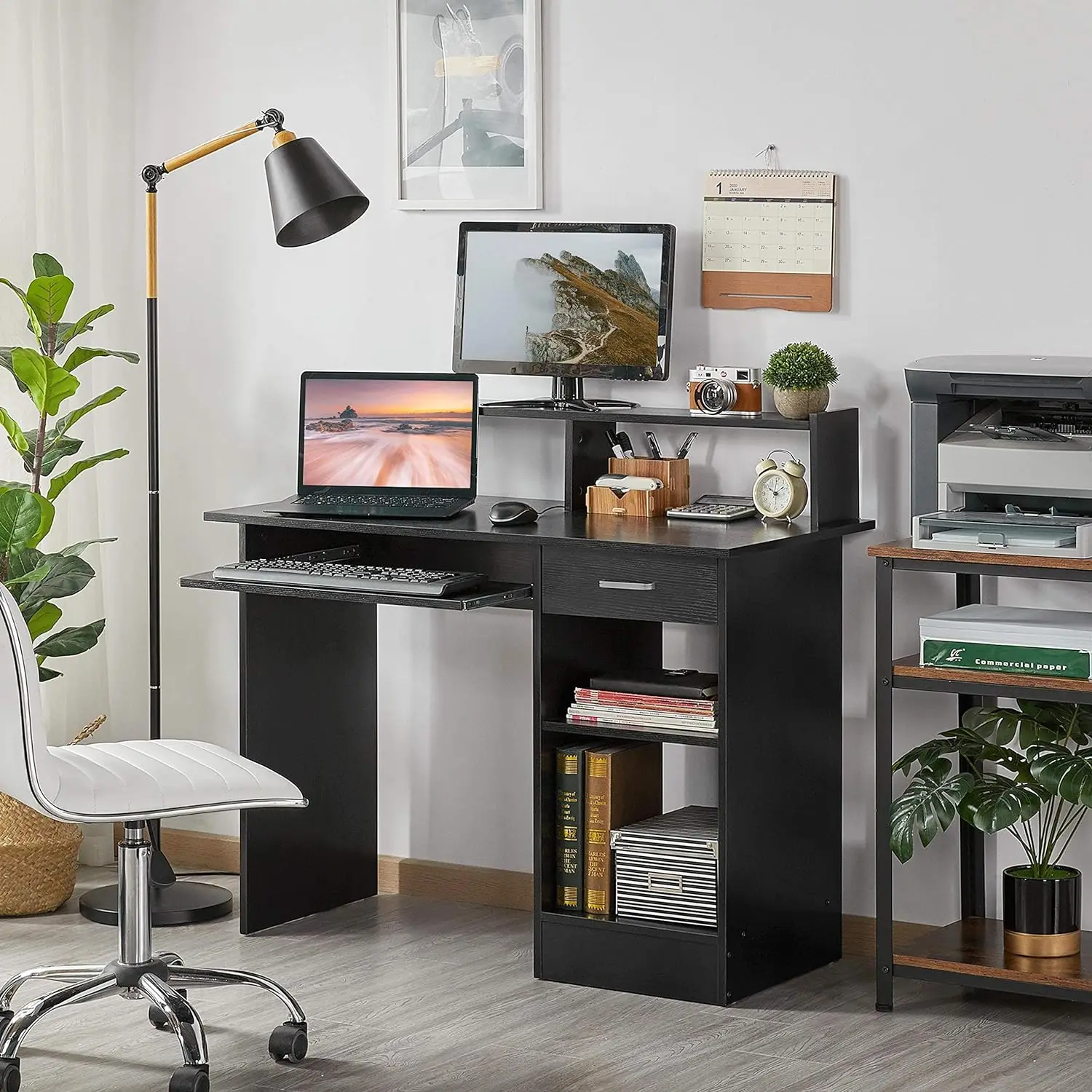 Black Computer Desk with Drawers Storage Shelf Keyboard Tray - Home Office Laptop Desktop Table for Small Spaces
