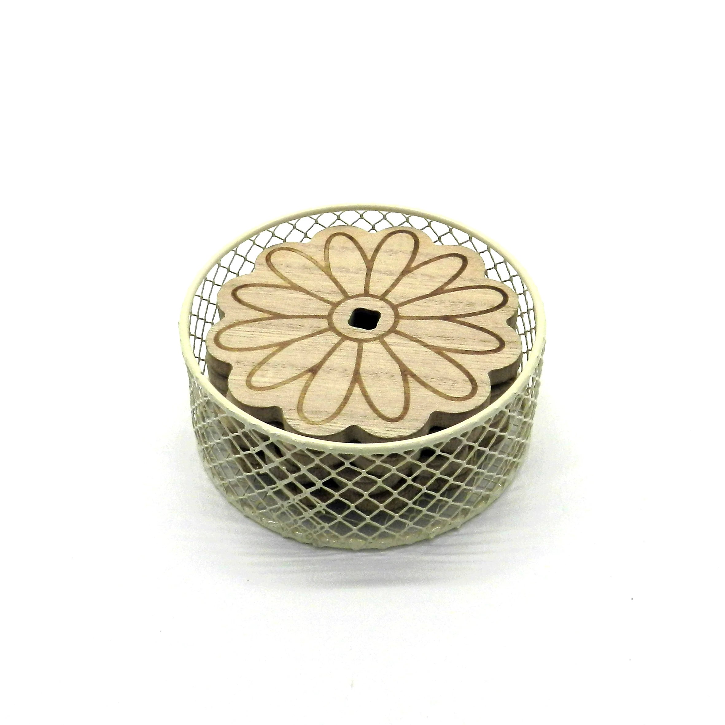 
Daisy Shape Wooden Coaster Set with Wire Basket Holder, Handmade Dinner Coaster Table Drink Coasters, Home/Office Decor 