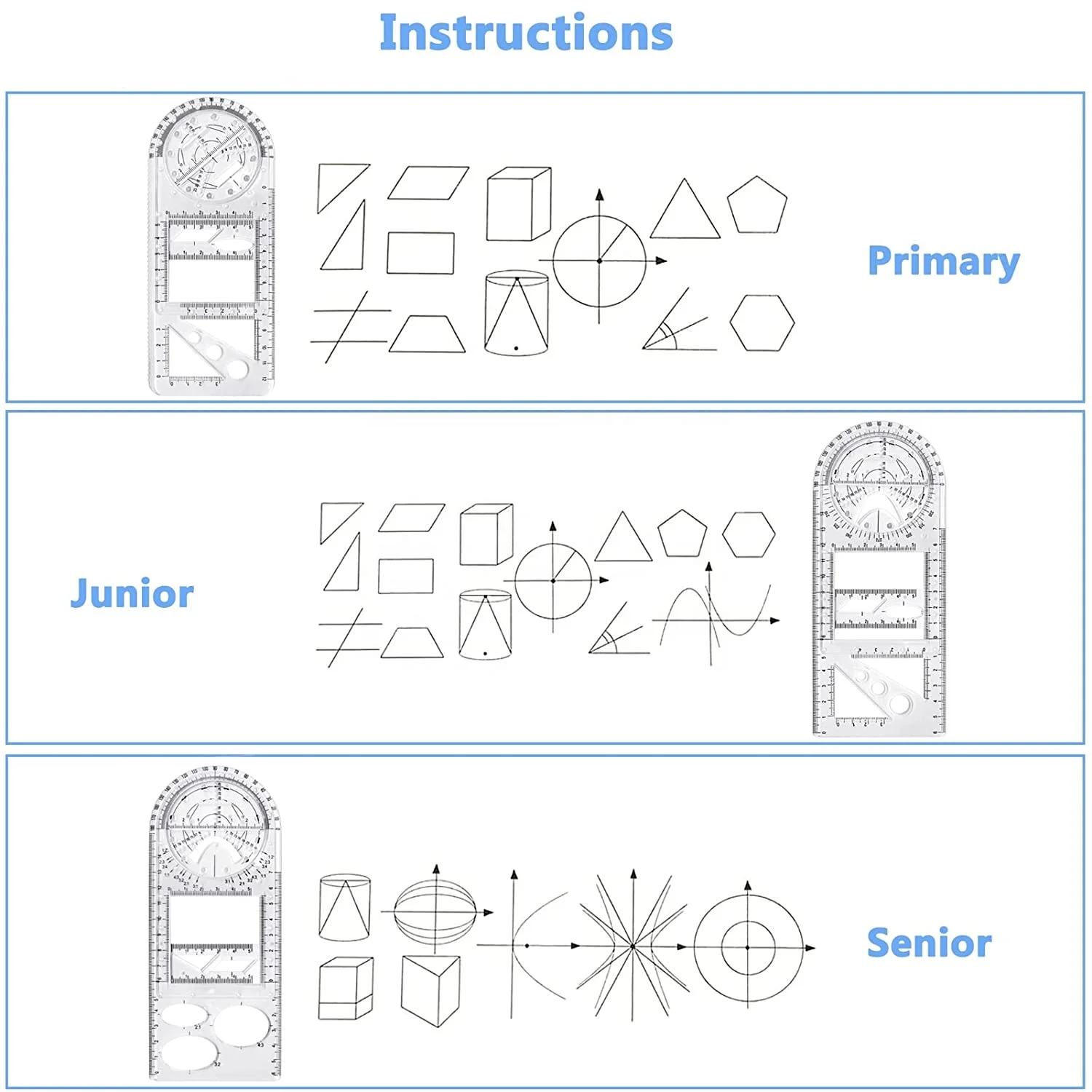 Multifunctional geometric Ruler 3 Pcs - Math Circle drawing tool