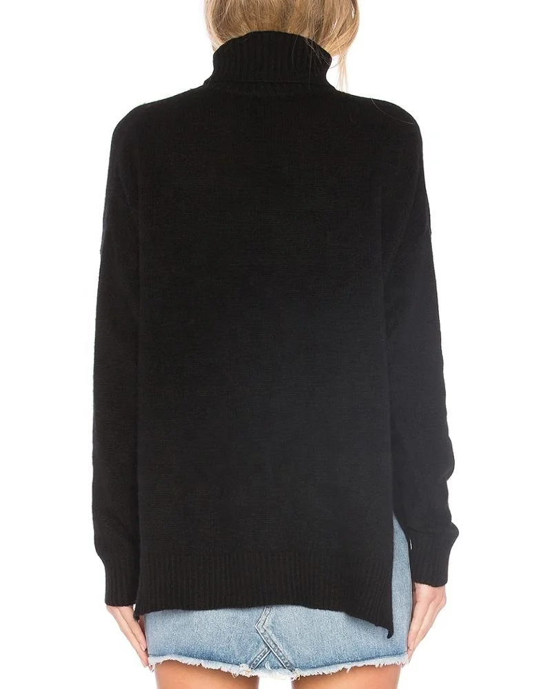 New designs high quality women black turtleneck pullover knit sweaters 100% cashmere side seam slits
