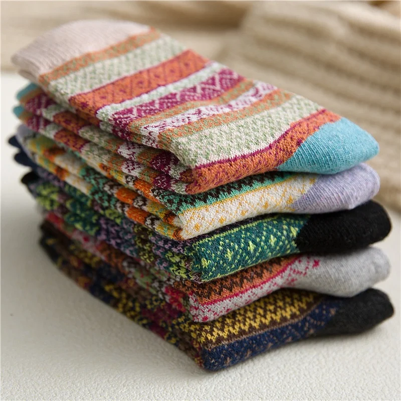 Ethnic Style 5 Pairs Wool Socks With Striped Pattern Autumn Colorful Women Socks