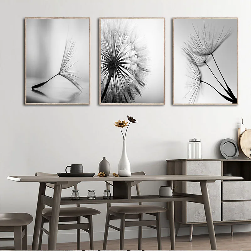 Black White Dandelion Flower Canvas Poster Nature Plant Nordic Print Botanical Wall Art Painting Abstract Picture Room